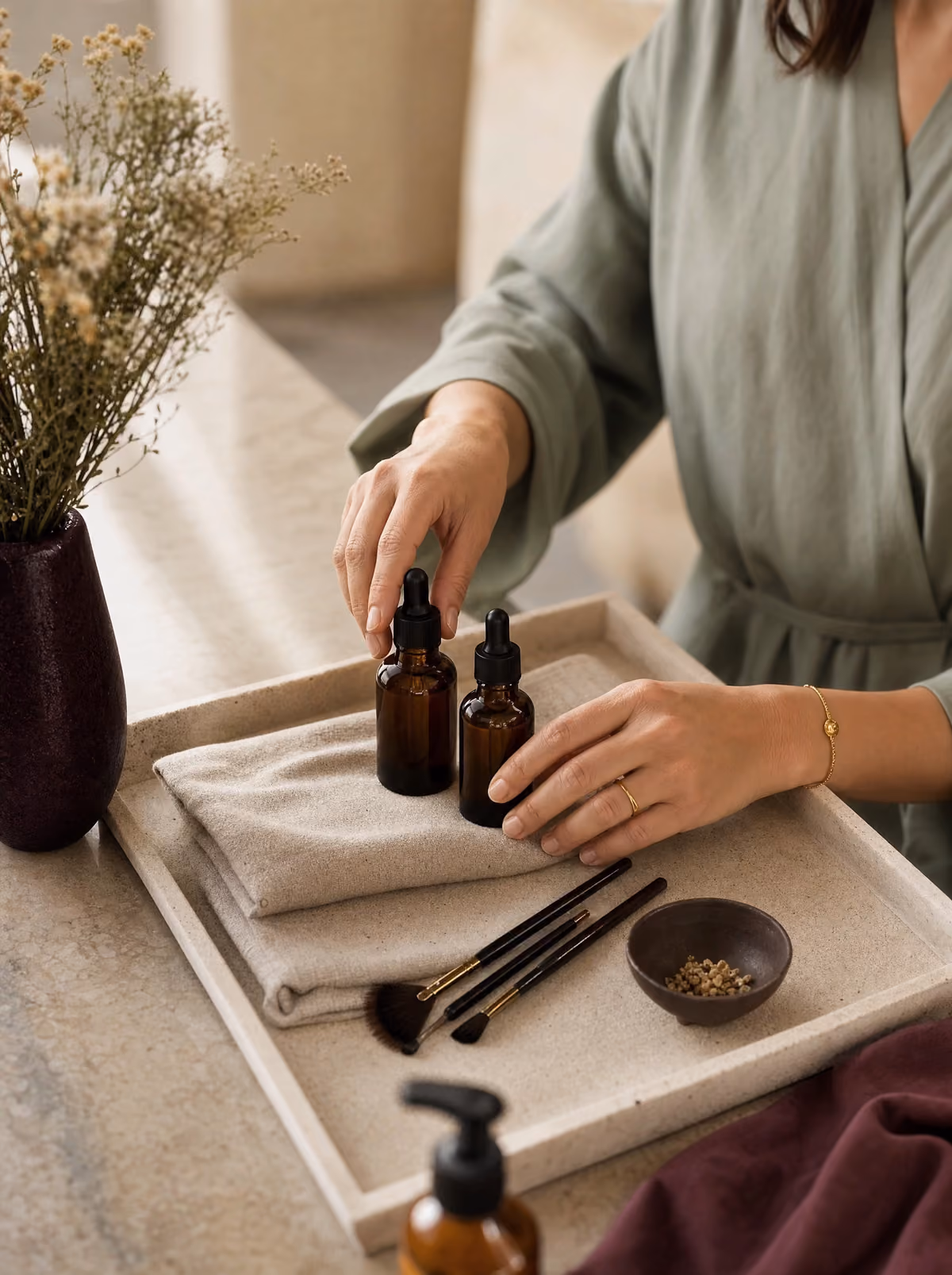 Profesional preparando productos y herramientas de estética