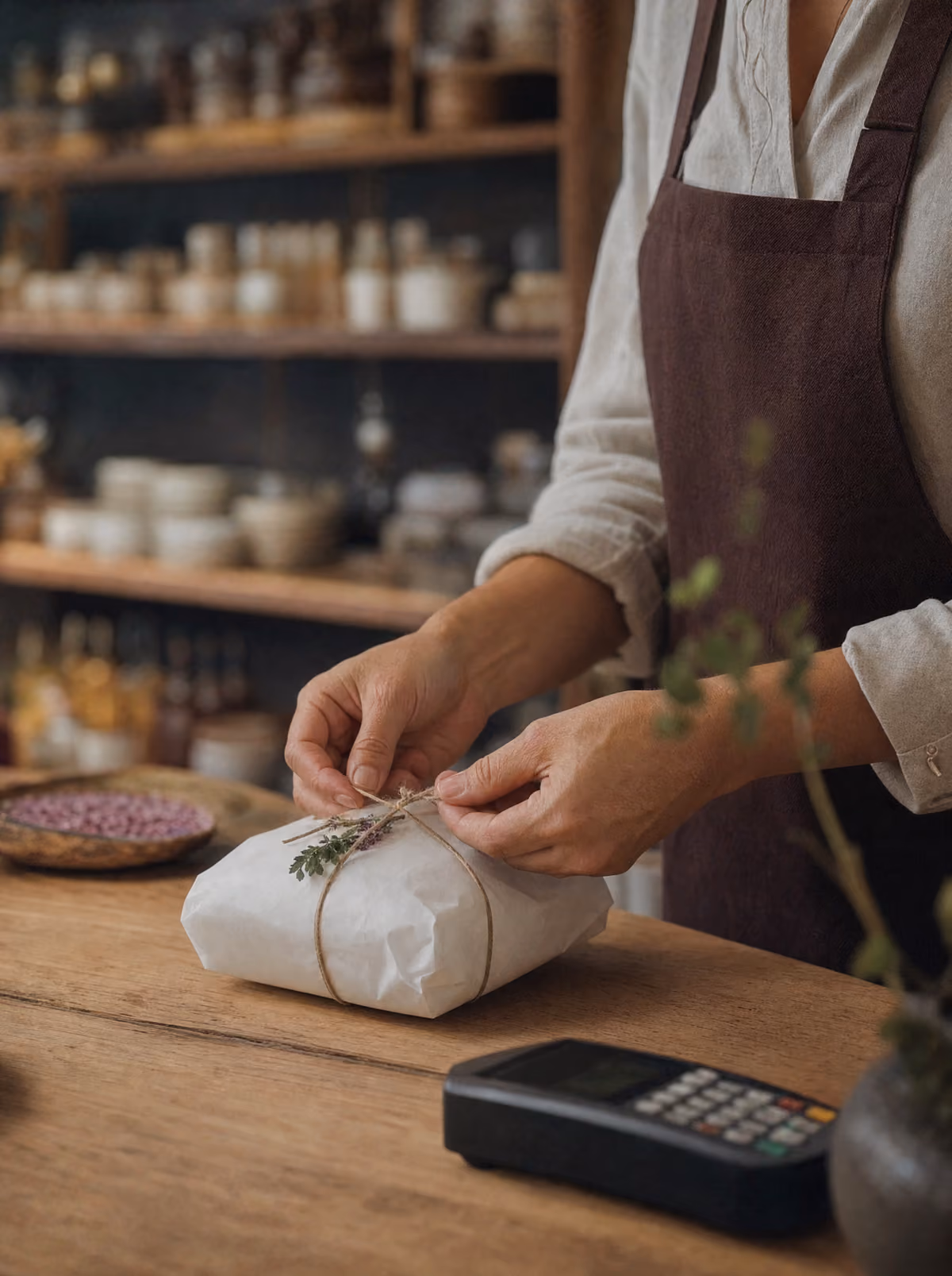 Comerciante envolviendo un producto para un cliente