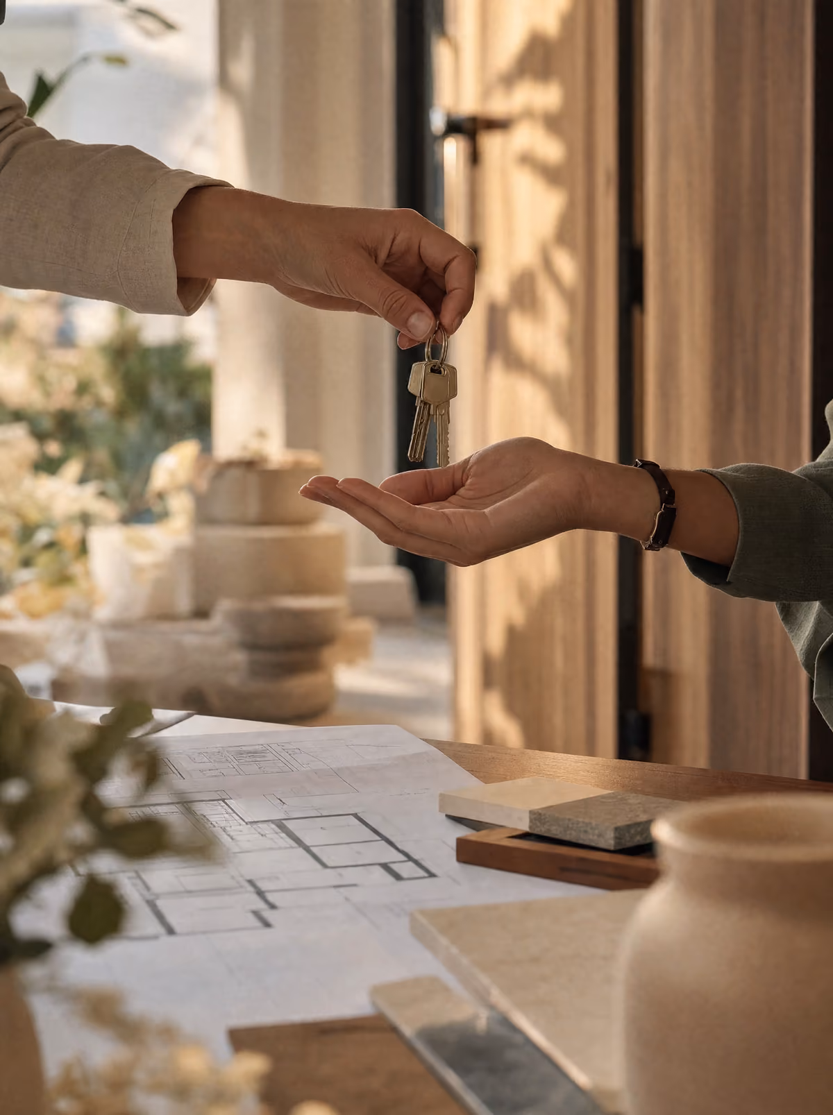 Entrega de llaves sobre planos arquitectónicos