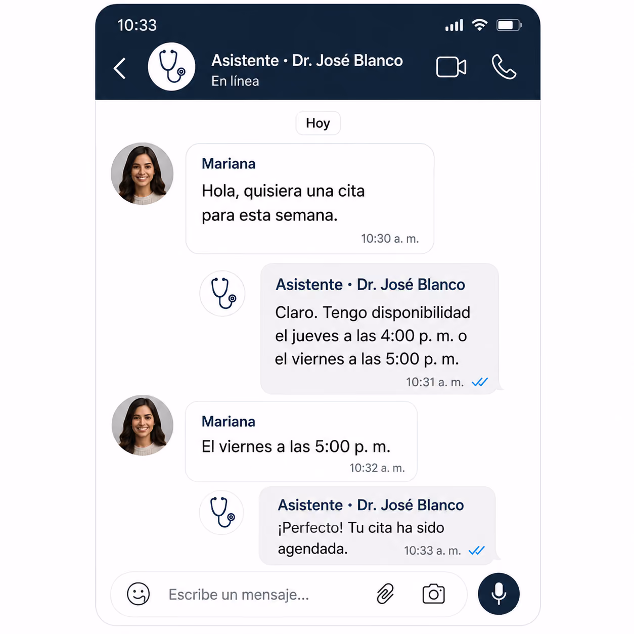 Conversación con un asistente que ofrece horarios y confirma una cita