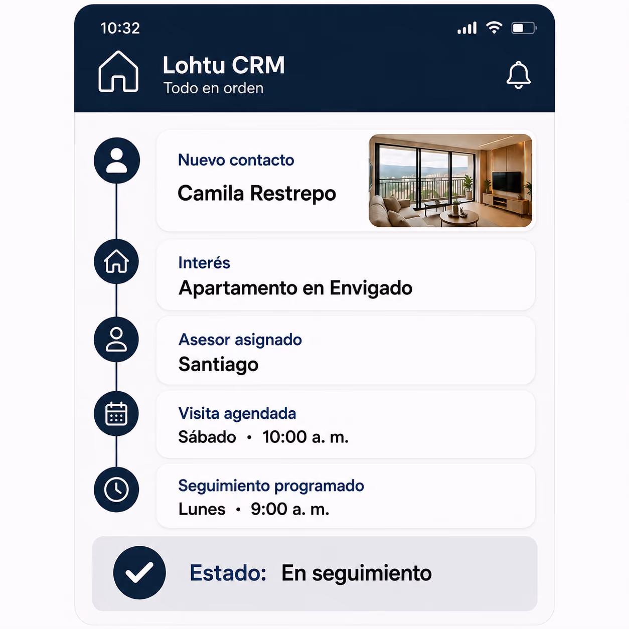 CRM de Lohtu mostrando el recorrido de un contacto: interés, asesor asignado, visita agendada y seguimiento programado