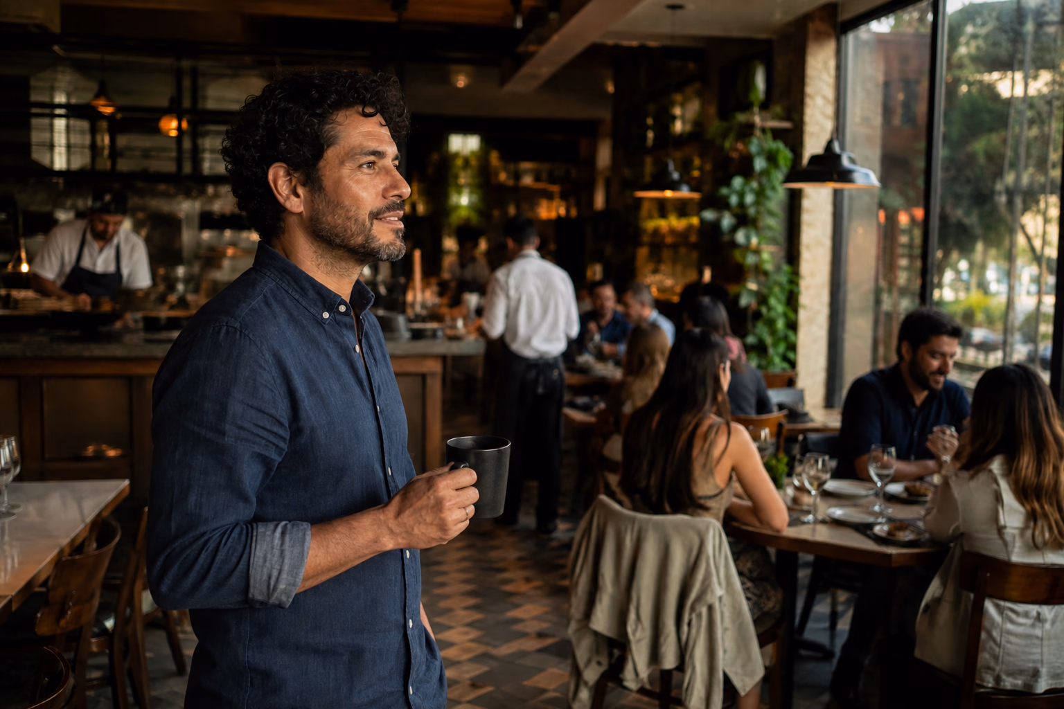 Dueño de restaurante observa con calma una mesa durante el servicio